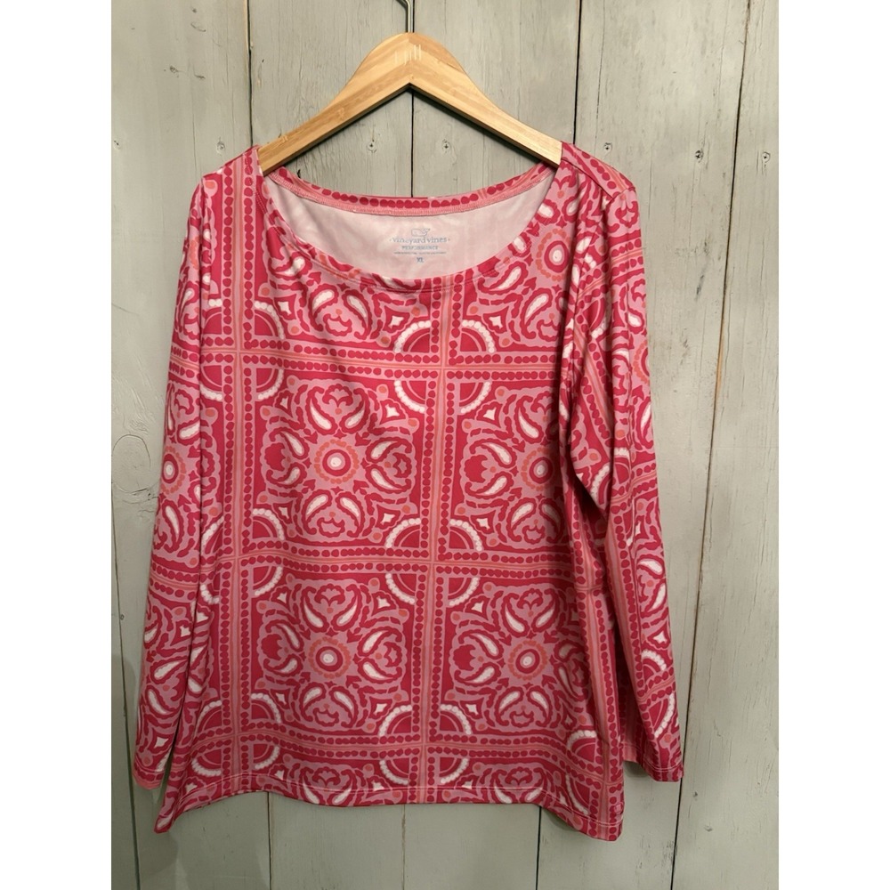 Vineyard Vines Women Performance Fabric Long Sleeve Pink Geometric Tunic Top XL